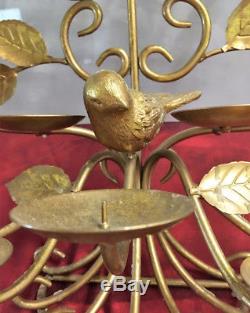 Vintage Metal Wall Sconce 10 Candle Holder Gold Partridge Tree Birds Leaves Rare