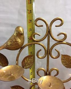 Vintage Metal Wall Sconce 10 Candle Holder Gold Partridge Tree Birds Leaves Rare