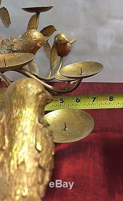 Vintage Metal Wall Sconce Candle Holder Gold 10 Pillar Tree Birds Leaves Rare