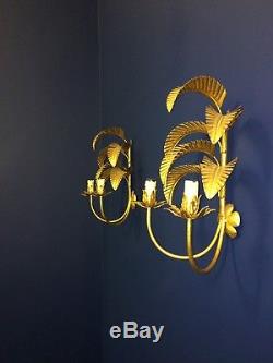 Vintage Mid Century French Gold Palm Tree Wall Lights Sconces Hollywood Regency