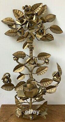 Vintage Mid Century Gilt Metal Toleware Wall Mounted Candle Holder Roses