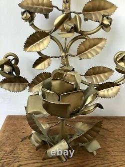 Vintage Mid Century Gilt Metal Toleware Wall Mounted Candle Holder Roses
