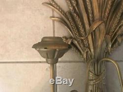 Vintage Mid Century SCONCE PAIR Gold Wheat Sheaf Wall Baumritter USA Ethan Allen