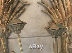 Vintage Mid Century SCONCE PAIR Gold Wheat Sheaf Wall Baumritter USA Ethan Allen