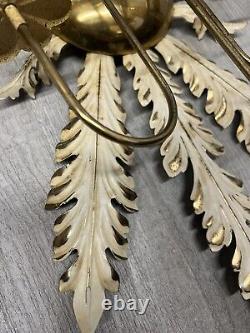 Vintage Mid Century White & Gold Colour Metal Feather Floral Wall Light Sconces