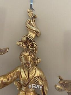 Vintage Oriental Asian French Figural Brass Wall Sconce Chinoiserie Rococo