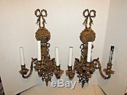 Vintage Ornate Brass Electric 3 Candle Light Wall Sconce Hollywood Regency Bow