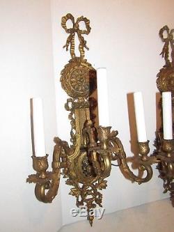 Vintage Ornate Brass Electric 3 Candle Light Wall Sconce Hollywood Regency Bow