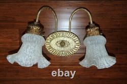 Vintage Ornate Victorian Wall Light 2 Arm Sconce Ruffled Shades Gold Tone