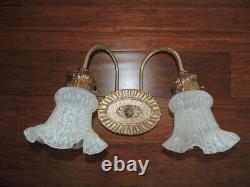 Vintage Ornate Victorian Wall Light 2 Arm Sconce Ruffled Shades Gold Tone