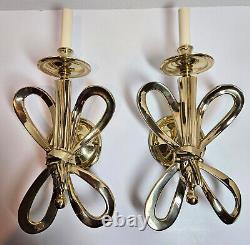 Vintage PAIR Brass BOW Ribbon Wall Sconces Electric Lights Lamps Italy