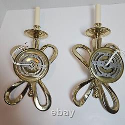 Vintage PAIR Brass BOW Ribbon Wall Sconces Electric Lights Lamps Italy