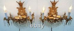 Vintage PAIR Brass Crystal Wall Sconces 4 Lights on Each Sconce EUC