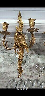 Vintage PAIR French Bronze Brass Crystal Victorian Wall Sconces