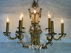 Vintage PAIR French Bronze Brass Crystal Wall Sconce 7 Light Candelabras