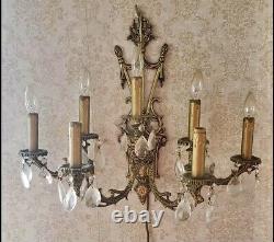 Vintage PAIR French Bronze Brass Crystal Wall Sconce 7 Light Candelabras