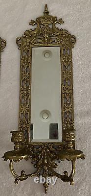 Vintage PAIR Glo-Mar ArtWorks Brass Wall Sconces with Mirror and Candle Holders