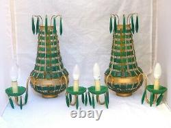 Vintage PAIR Wall Light Green Glass Drop Cup 1950 MURANO RARE Sconce Cabochon