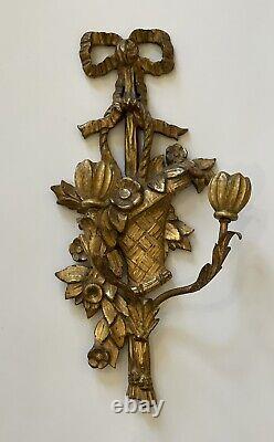 Vintage PAIR of BOW CARVED WALL SCONCES MADE IN ITALY GOLD GILTWOOD STUNNING