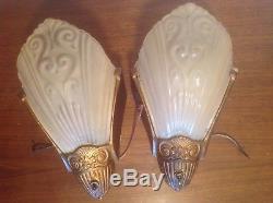 Vintage Pair Art Deco Glass Slip Shade & Metal Electric Wall Sconces Lights
