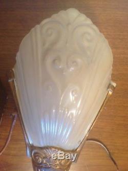 Vintage Pair Art Deco Glass Slip Shade & Metal Electric Wall Sconces Lights