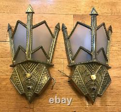 Vintage Pair Art Deco Wall Scones Antique Brass Finish with Glass Shades