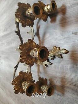 Vintage Pair Brass Baroque Revival 5 Arm Wall Sconces Candelabra Candle Holder