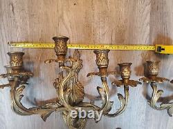 Vintage Pair Brass Baroque Revival 5 Arm Wall Sconces Candelabra Candle Holder