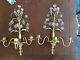Vintage Pair Brass Crystal Beaded Chandelier Wall Sconces Candelabras