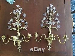 Vintage Pair Brass Crystal Beaded Chandelier Wall Sconces Candelabras
