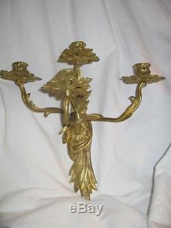 Vintage Pair Brass French Rococo 4 candles Wall Sconces Louis XV Style