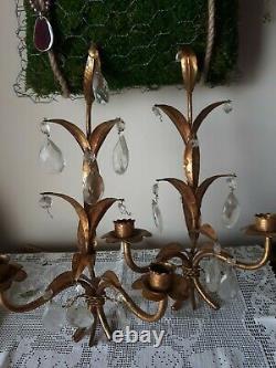Vintage Pair Brass Metal Wall Sconces Candle Holder Italy