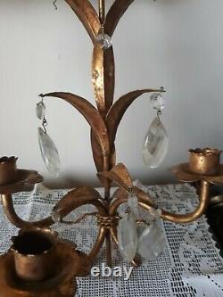Vintage Pair Brass Metal Wall Sconces Candle Holder Italy