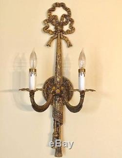 Vintage Pair Brass Ribbon Top 23 French Wall Sconces Sconce