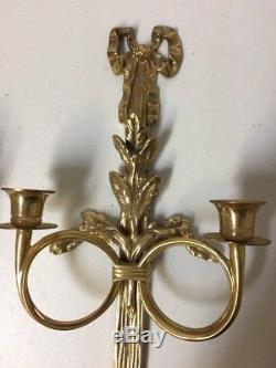 Vintage Pair Brass Wall Sconces Bow Ribbon Tassel 2 Arm Candle Holders