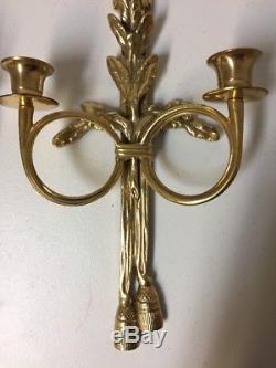 Vintage Pair Brass Wall Sconces Bow Ribbon Tassel 2 Arm Candle Holders