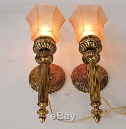 Vintage Pair Cast Brass Ornate Wall Sconces Light Lamp with glass Shades Spain
