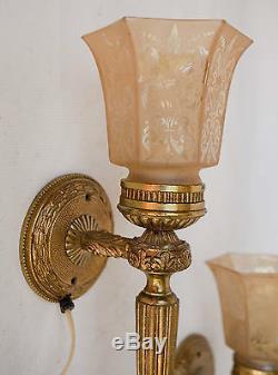 Vintage Pair Cast Brass Ornate Wall Sconces Light Lamp with glass Shades Spain