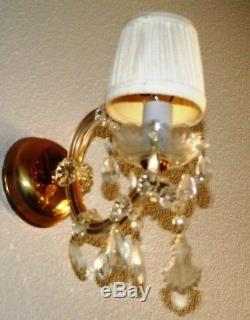 Vintage Pair Electric Brass & Crystal Wall Sconces with Shade
