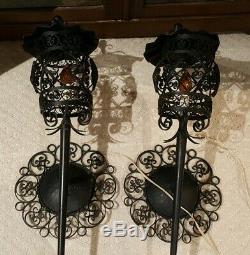 Vintage Pair Electric Wrought Iron Spanish Fillagree Wall Sconces