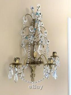 Vintage Pair French Brass Crystal Beaded Chandelier Wall Sconces Candelabras