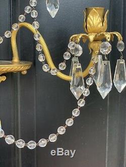 Vintage Pair French Brass Crystal Beaded Chandelier Wall Sconces Candelabras