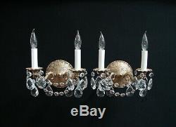 Vintage Pair French Brass Crystals Wall SCONCES 2 lights each