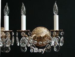 Vintage Pair French Brass Crystals Wall SCONCES 2 lights each