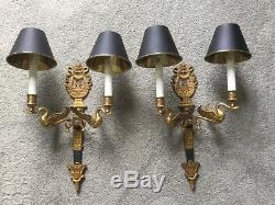 Vintage Pair French Directoire Bronze Brass Swan Bouillotte Lamp Wall Sconces