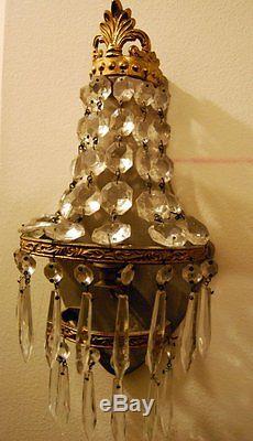 Vintage Pair French Of Gilded Empire Style Basket Prism Wall Sconces