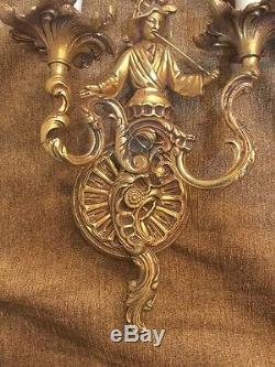 Vintage Pair Gilt Brass Asian Oriental French Figural Rococo Wall Sconces Lamps