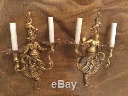 Vintage Pair Gilt Brass Asian Oriental French Figural Rococo Wall Sconces Lamps