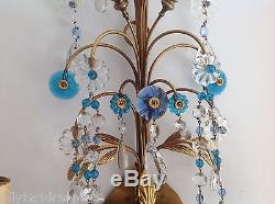 Vintage Pair Gilt Brass Crystal Beaded Blue Chandelier Wall Sconces 3 Arm Lamps
