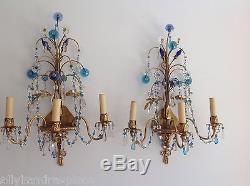 Vintage Pair Gilt Brass Crystal Beaded Blue Chandelier Wall Sconces 3 Arm Lamps